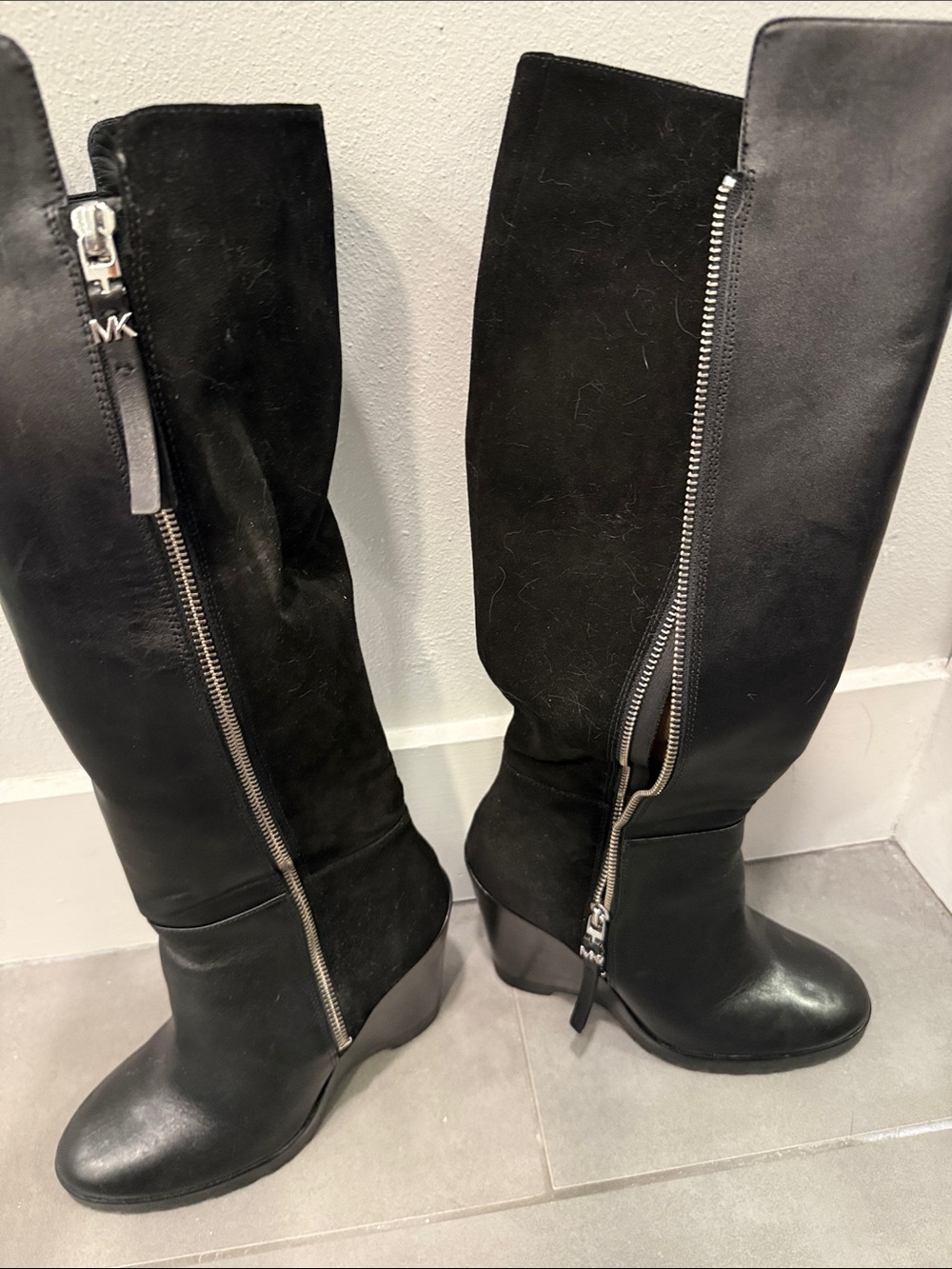 Michael Kors Black Leather & Suede Knee-High Wedge Boots